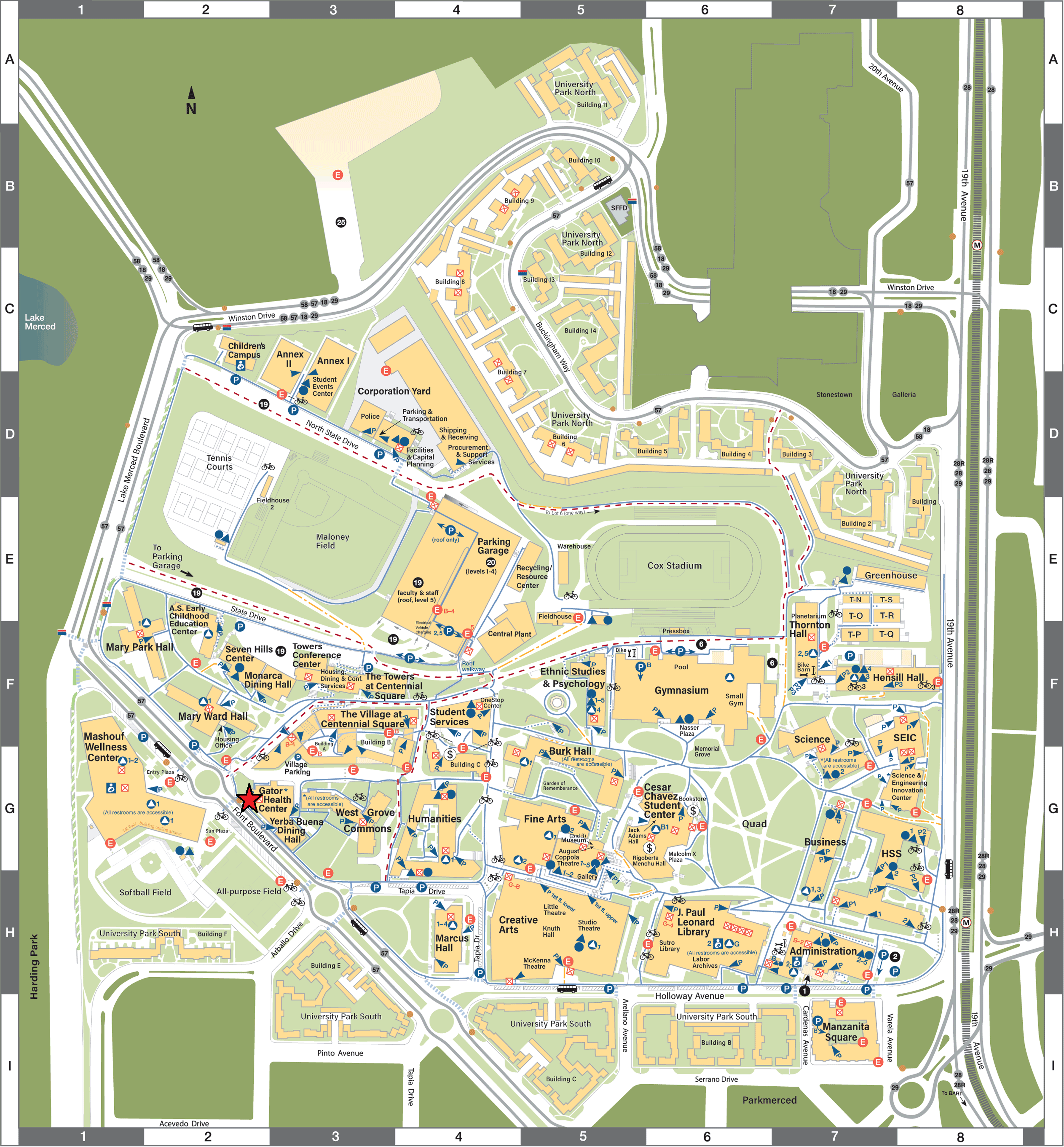 Red and black star marking location of Gator Health & Well-being, Medical Health Services