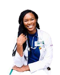 Black female doctor in lab coat with stethoscope