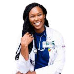 Black female doctor in lab coat with stethoscope